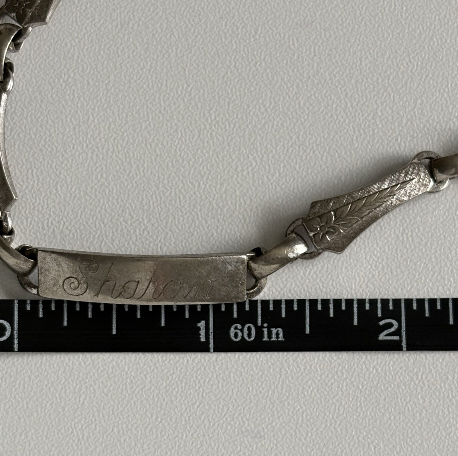 LA MODE Sterling Silver ID Bracelet 7” Floral Vintage Etched SHAROIN 13.58 Grams