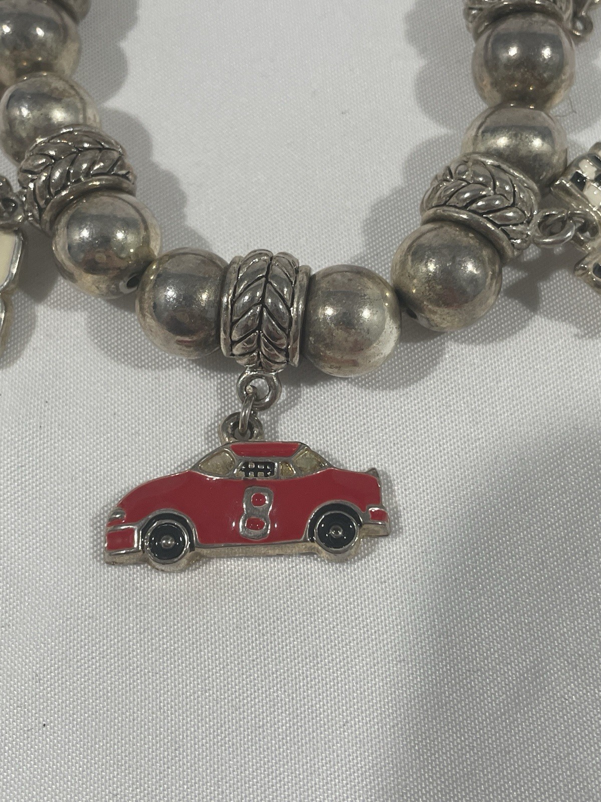 Vintage Racecar Charm Bracelet Number 8 Silver Metal Women’s Jewelry Racing