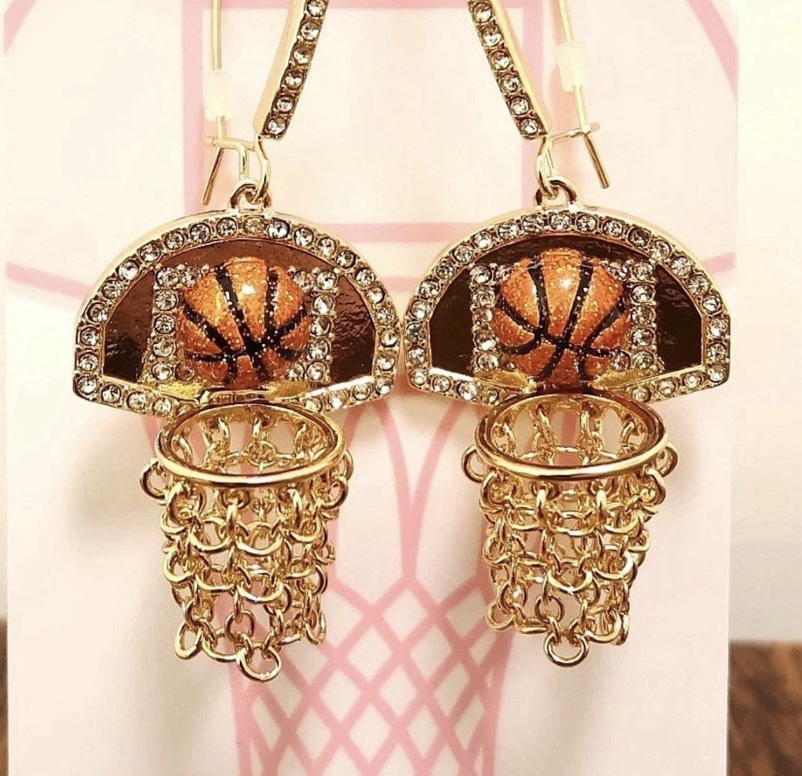 Betsey Johnson Earrings Nothing But Net Basketballs Gold Tone Chains Hooks NWT