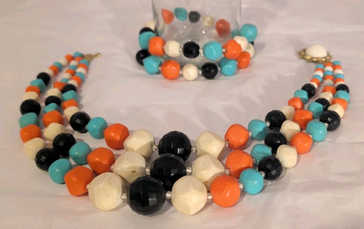 Vintage Multi-Color MCM 3 Strand Beaded Necklace & Single Strand Wrap Bracelet
