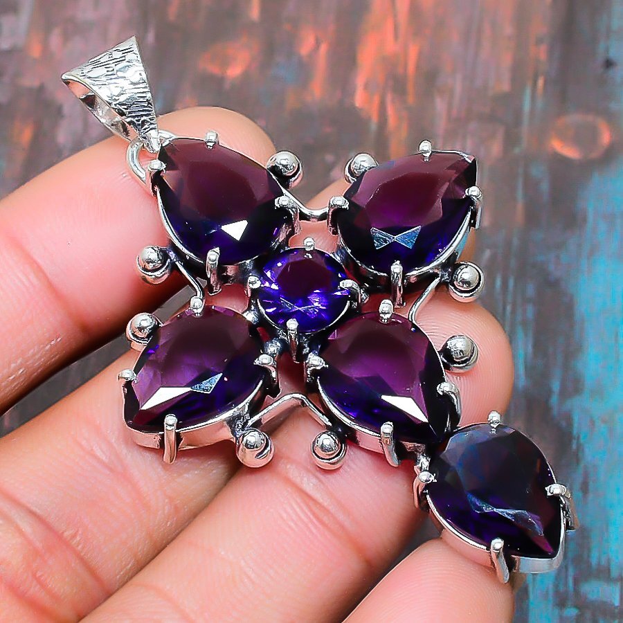 Cross Amethyst Gemstone Handmade Gift Jewelry Pendant 2.56″ y654