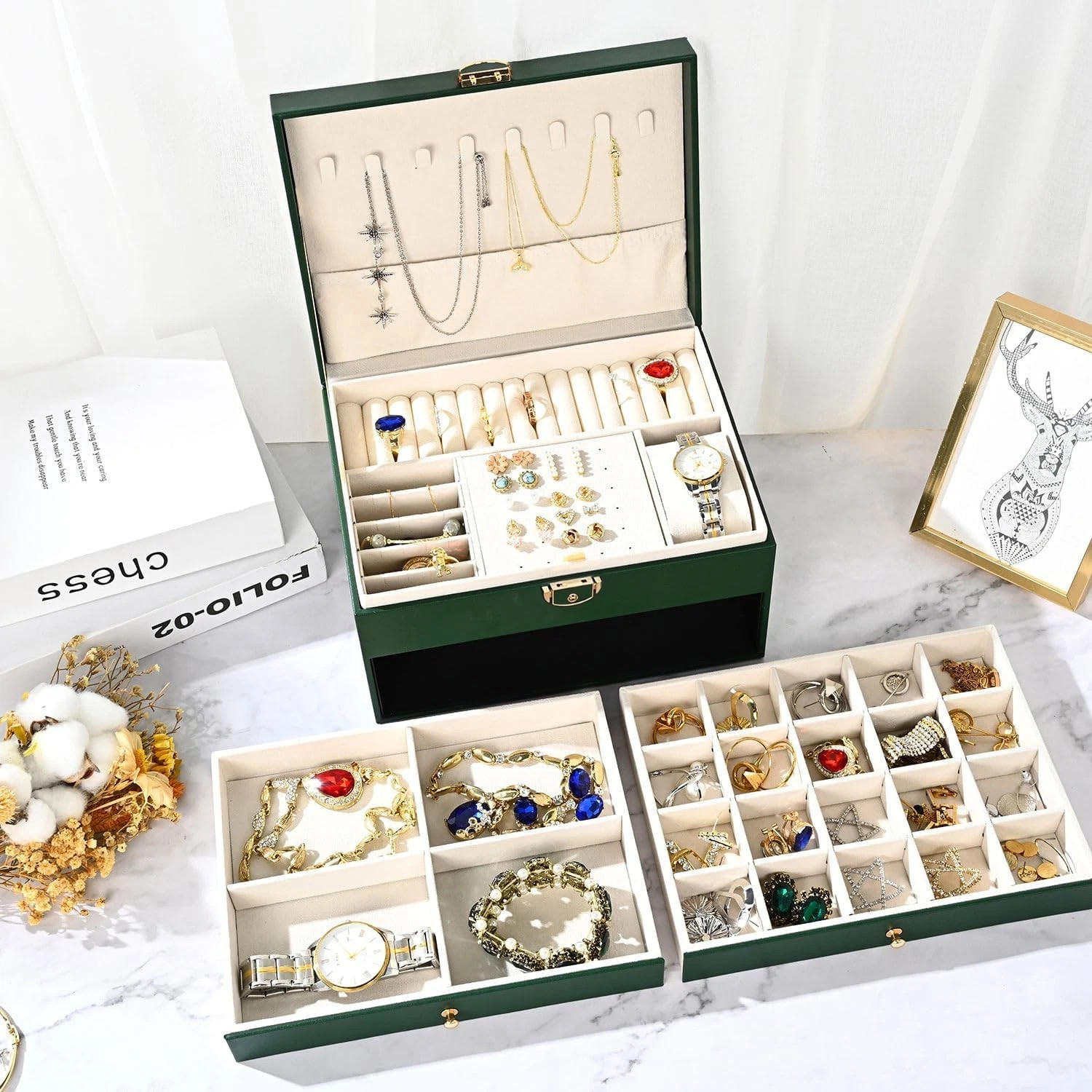 3 Layer Jewelry Box Organizer.Large Capacity Ring Earring Necklace Storage Case