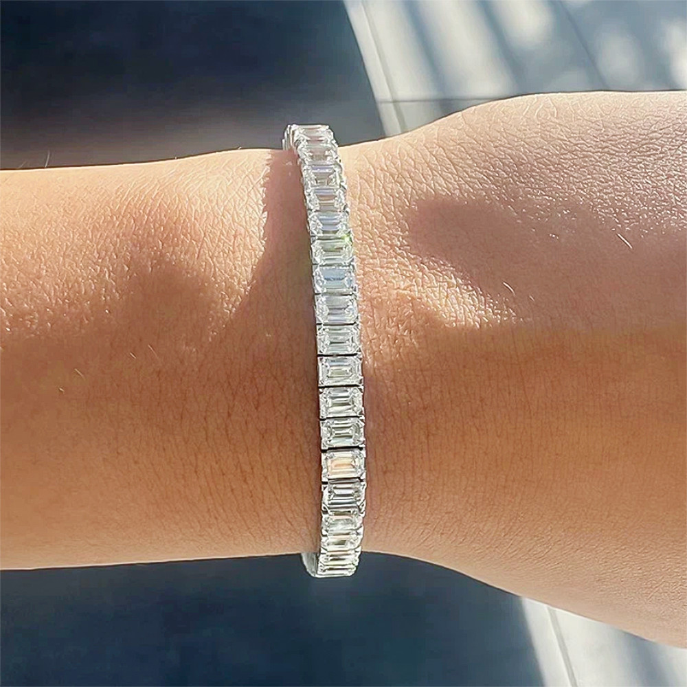 Lab Grown Diamond Tennis Bracelet 12Ct Emerald Cut 14k White Gold Unique Women