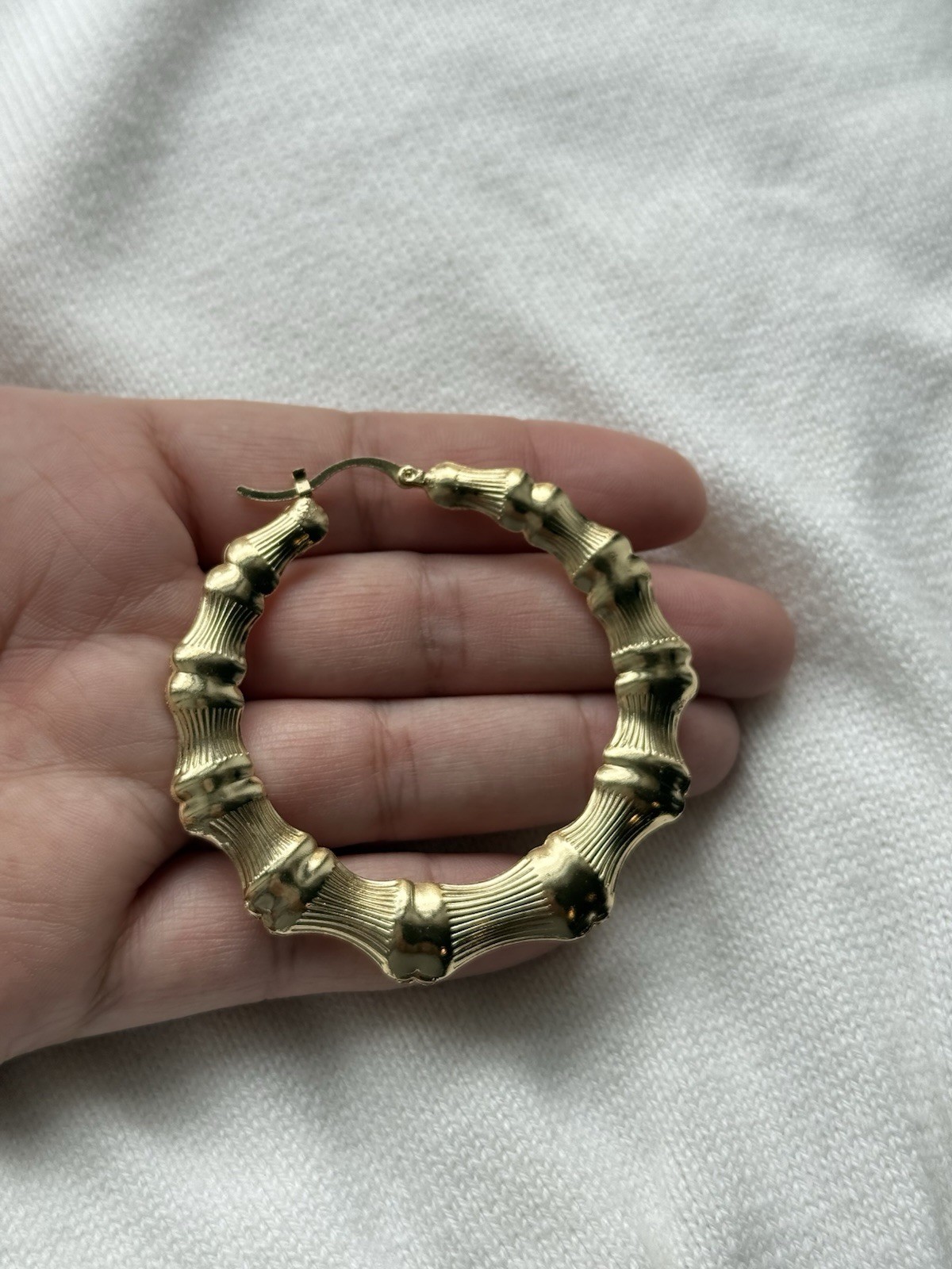 Gold Plated Textured Bamboo Style Round Hoop Earrings Latch Back No Stone