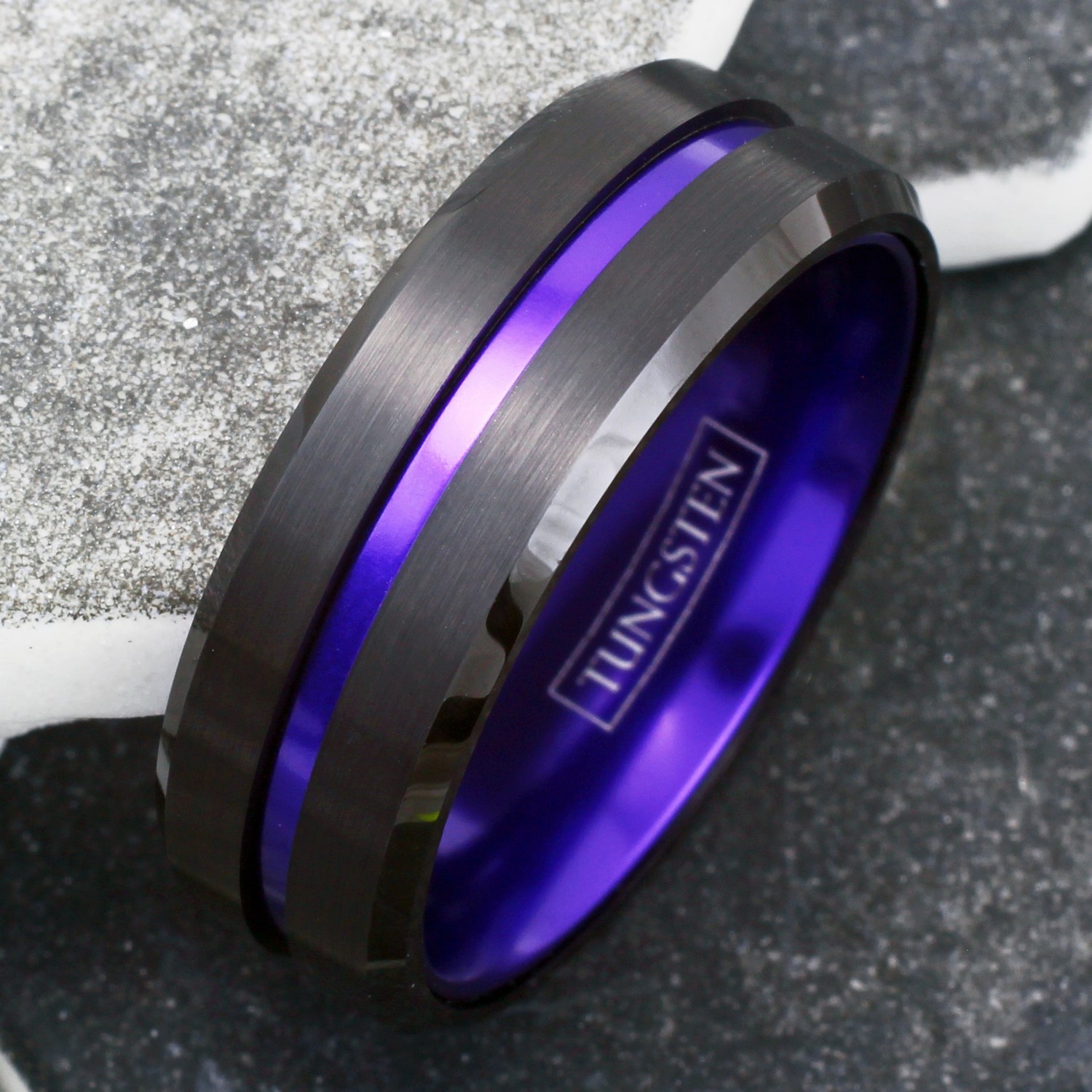 6/8mm Black Tungsten Carbide Ring Purple Stripe Wedding Band -Engraving Avail.