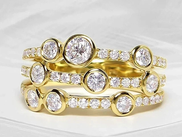 2Ct Round Lab-Created Bezel Set Three Row Bubble Ring 14k Yellow Gold Plated