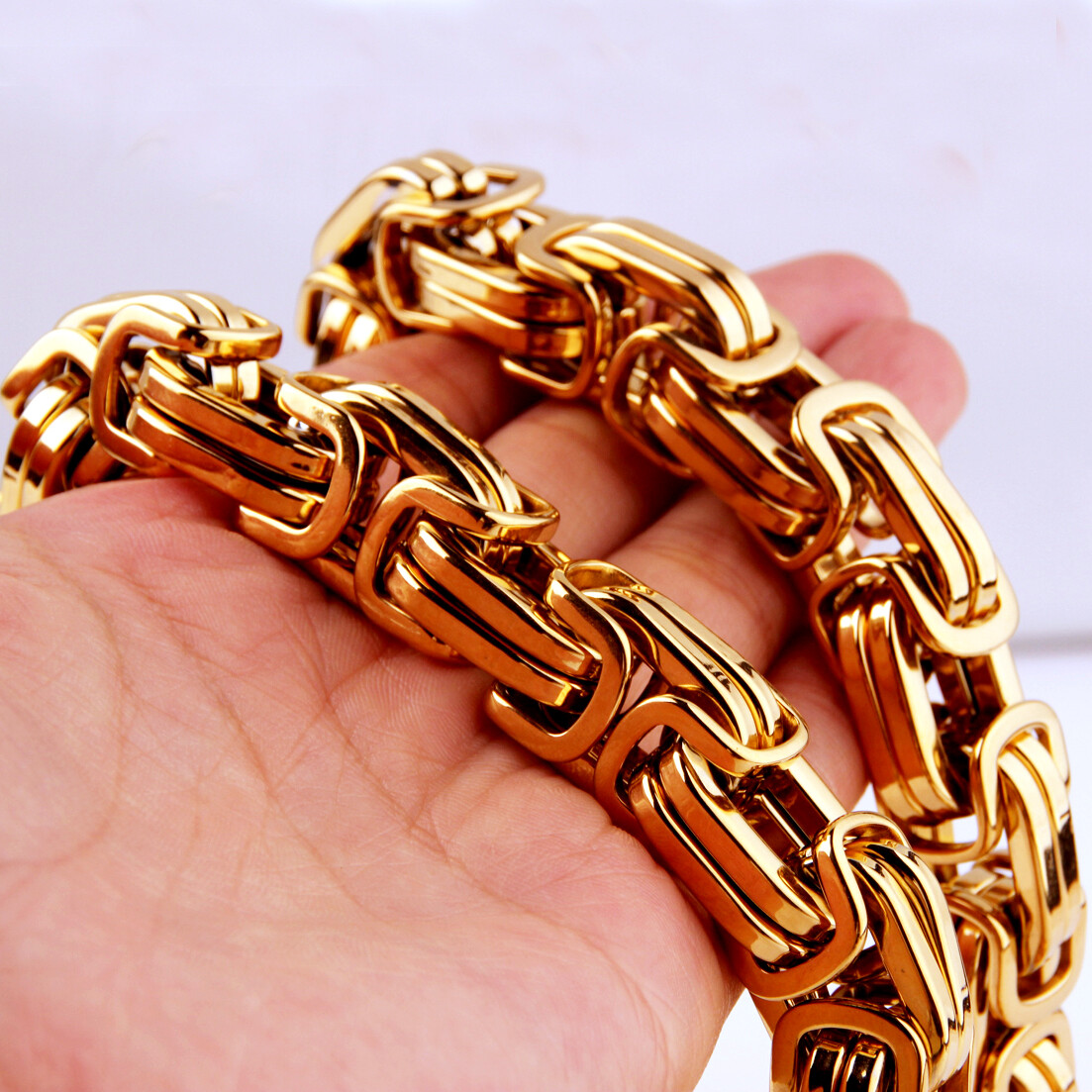 12/15mm Heavy Gold Tone Stainless Steel Mens Byzantine Chain Necklace Bracelet