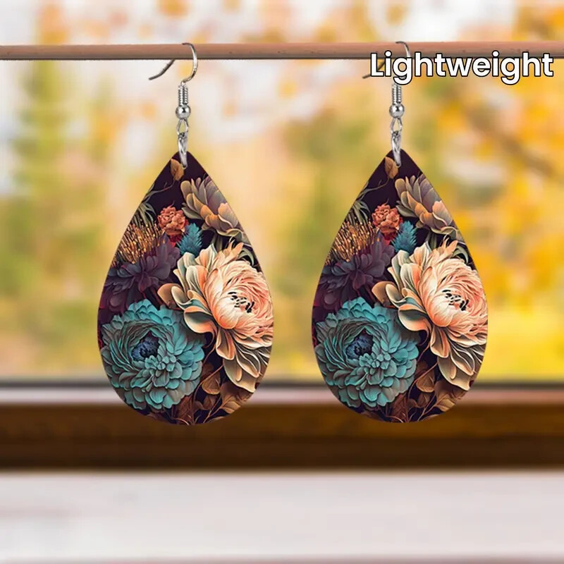 1 Pair of Dazzling Teardrop Earrings – Lightweight, Faux Leather, Blue and Pink