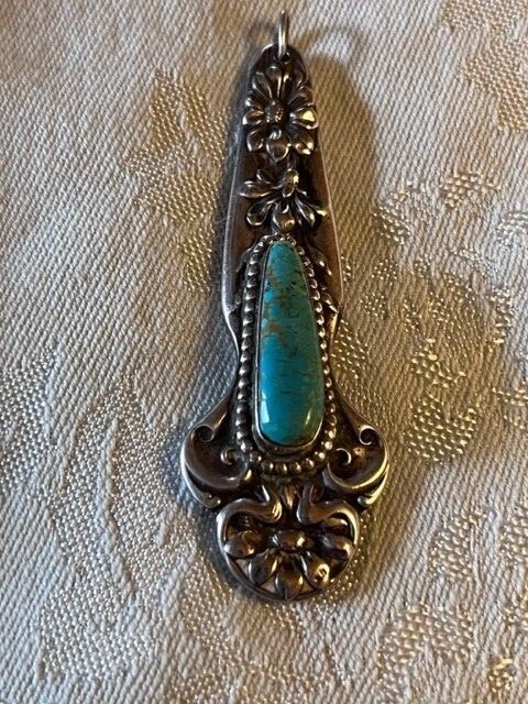 Turquoise Sterling Pendant Signed J Caudle 1970s to early 1980s