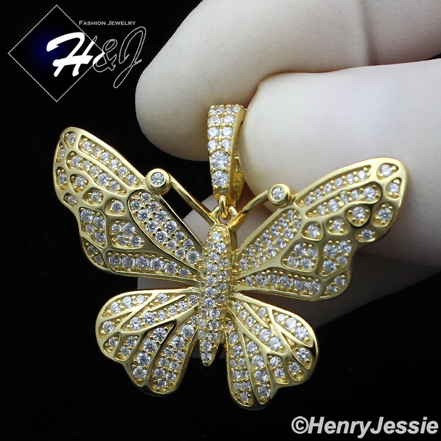 WOMEN 925 STERLING SILVER ICY BLING CZ GOLD PLATED 3D BUTTERFLY PENDANT*GP284