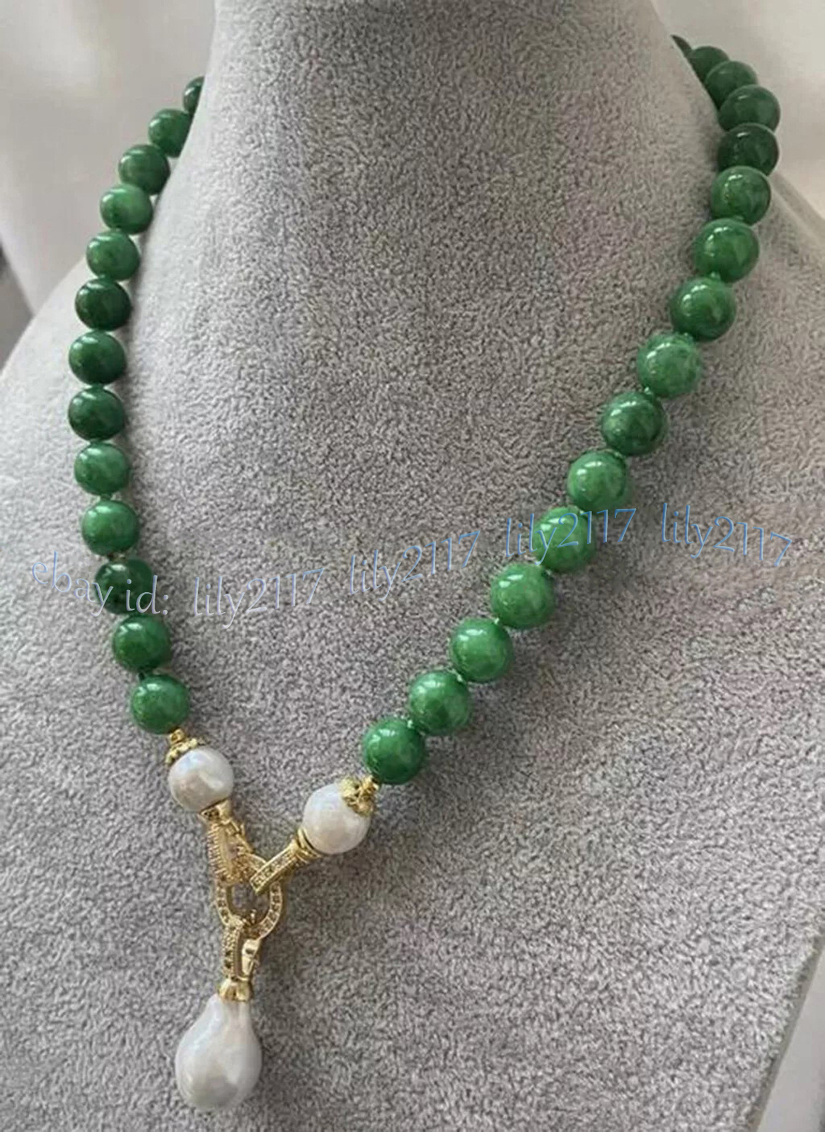 Natural Green Jade Round Gems Beads White Baroque Keshi Pearl Pendant Necklace