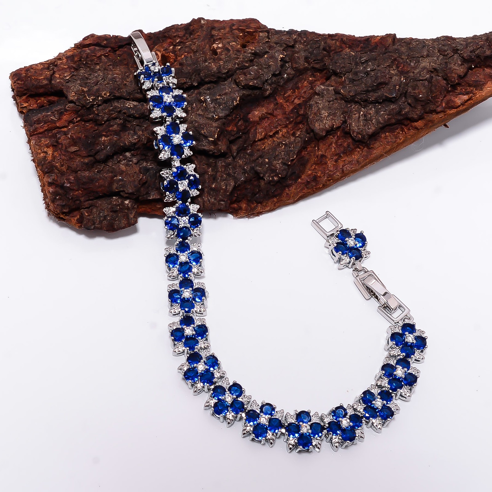 Blue Sapphire -Simulated, CZ 925 Sterling Silver Adjustable Bracelet 7-8″ B5032