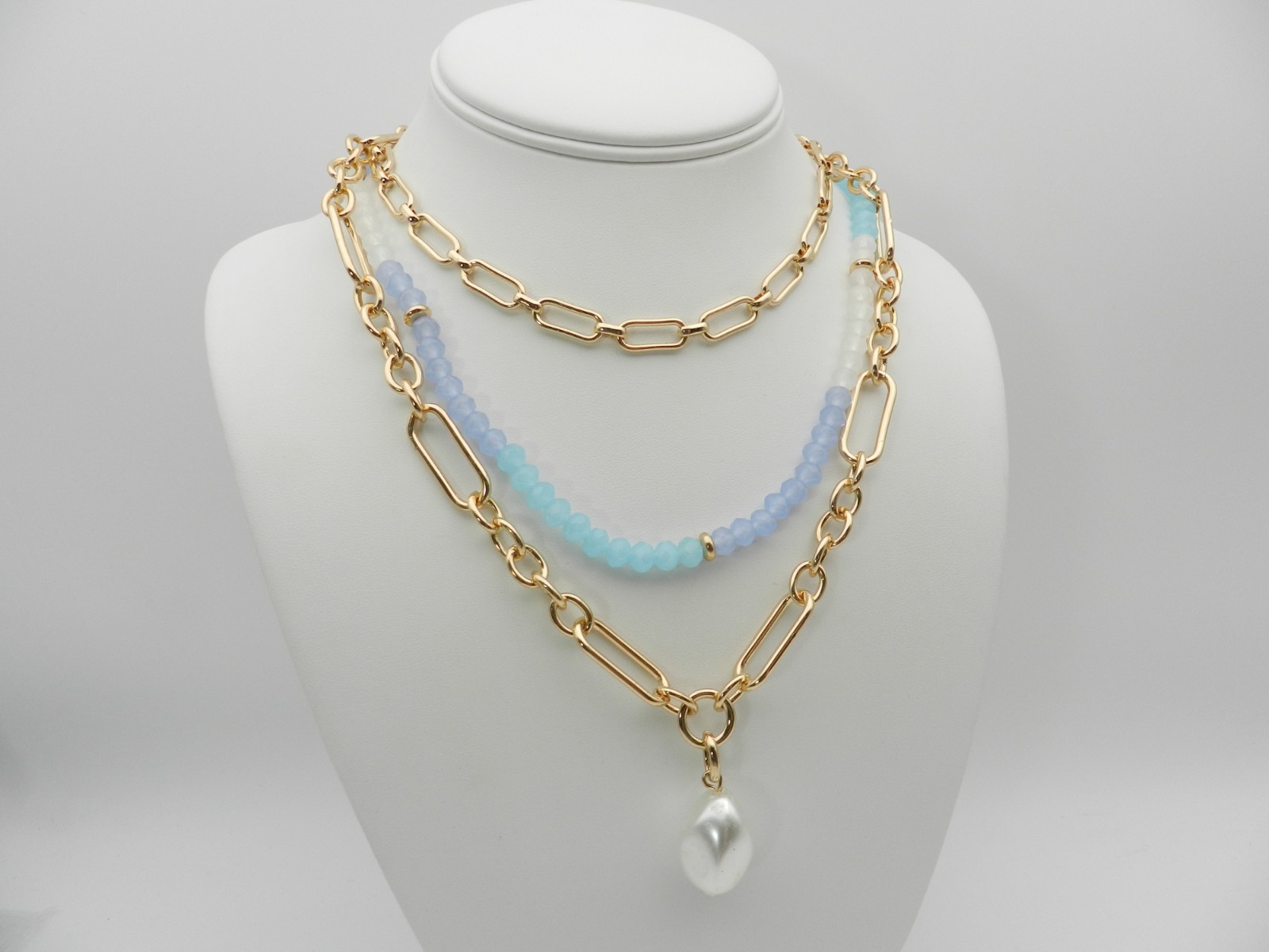 On 34th Gold-Tone Stone Beaded Three-Row Necklace, 20″ + 3″ extender