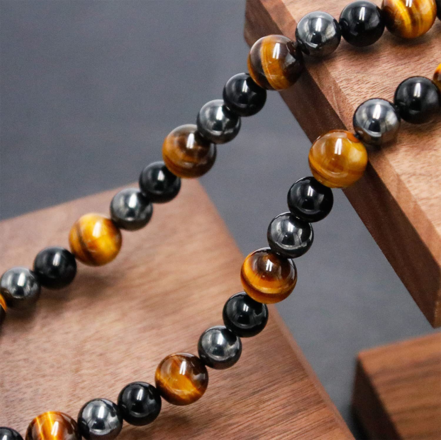 8MM Tiger Eye Set Men Triple Protection Necklace 24” Hematite Obsidian Bracelet