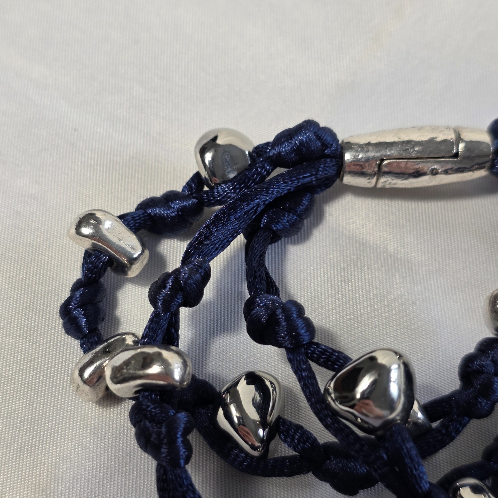 Chico’s Blue Silk Cord Multi-Strand Knotted Bracelet Silver Pebble Beads NEW