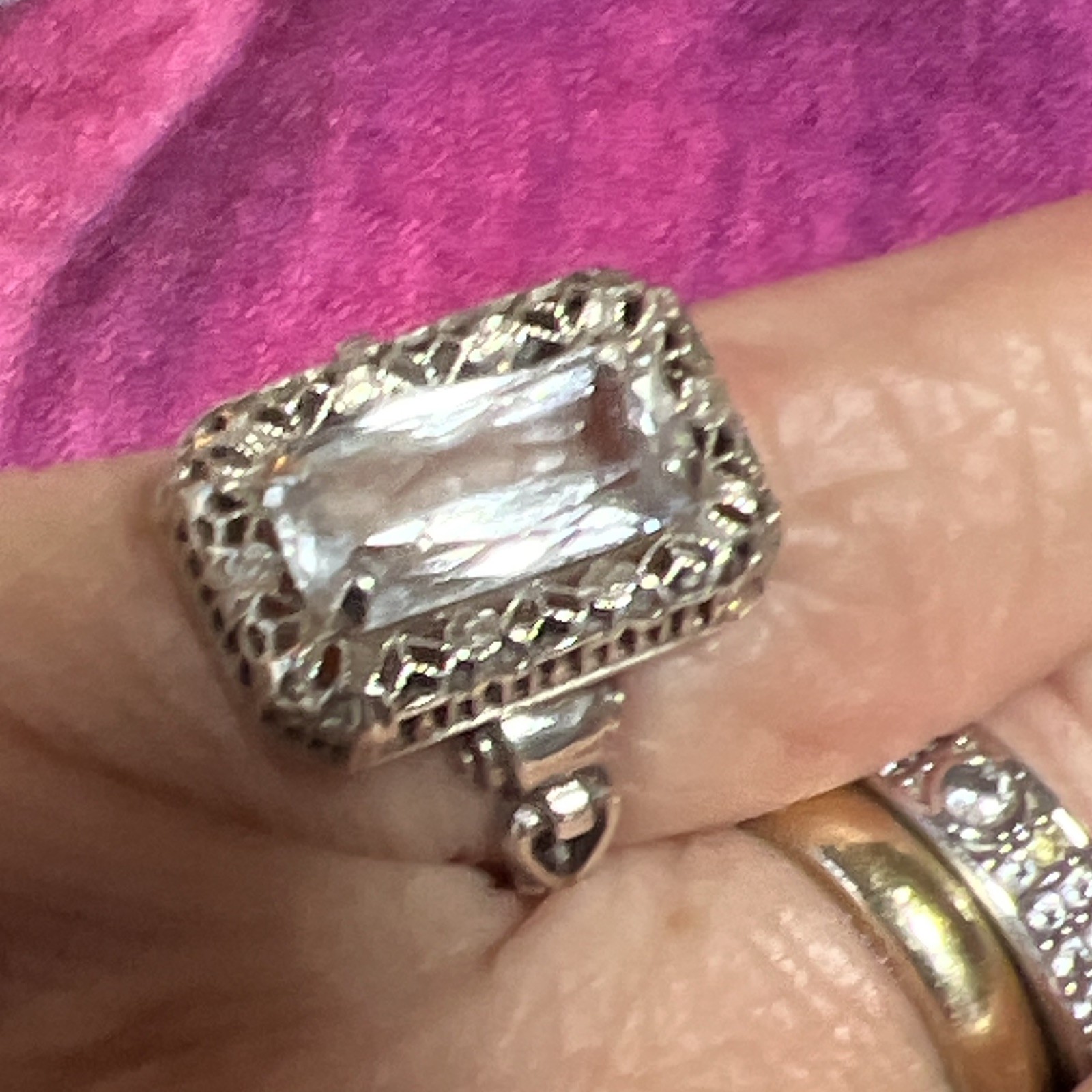 Antique Sterling Ring Clear Rectangle Stone Prong Set Size 5