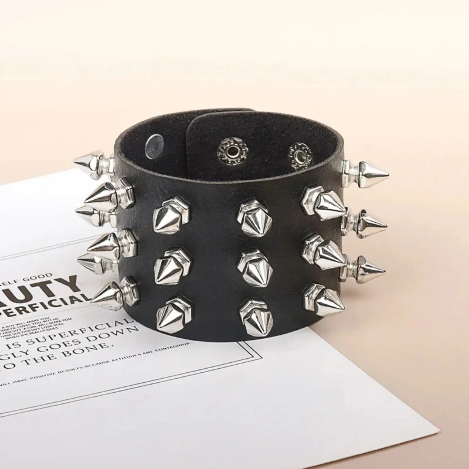 Goth Black Leather Studded Spike Bracelet Adjustable Cuff Unisex Jewelry