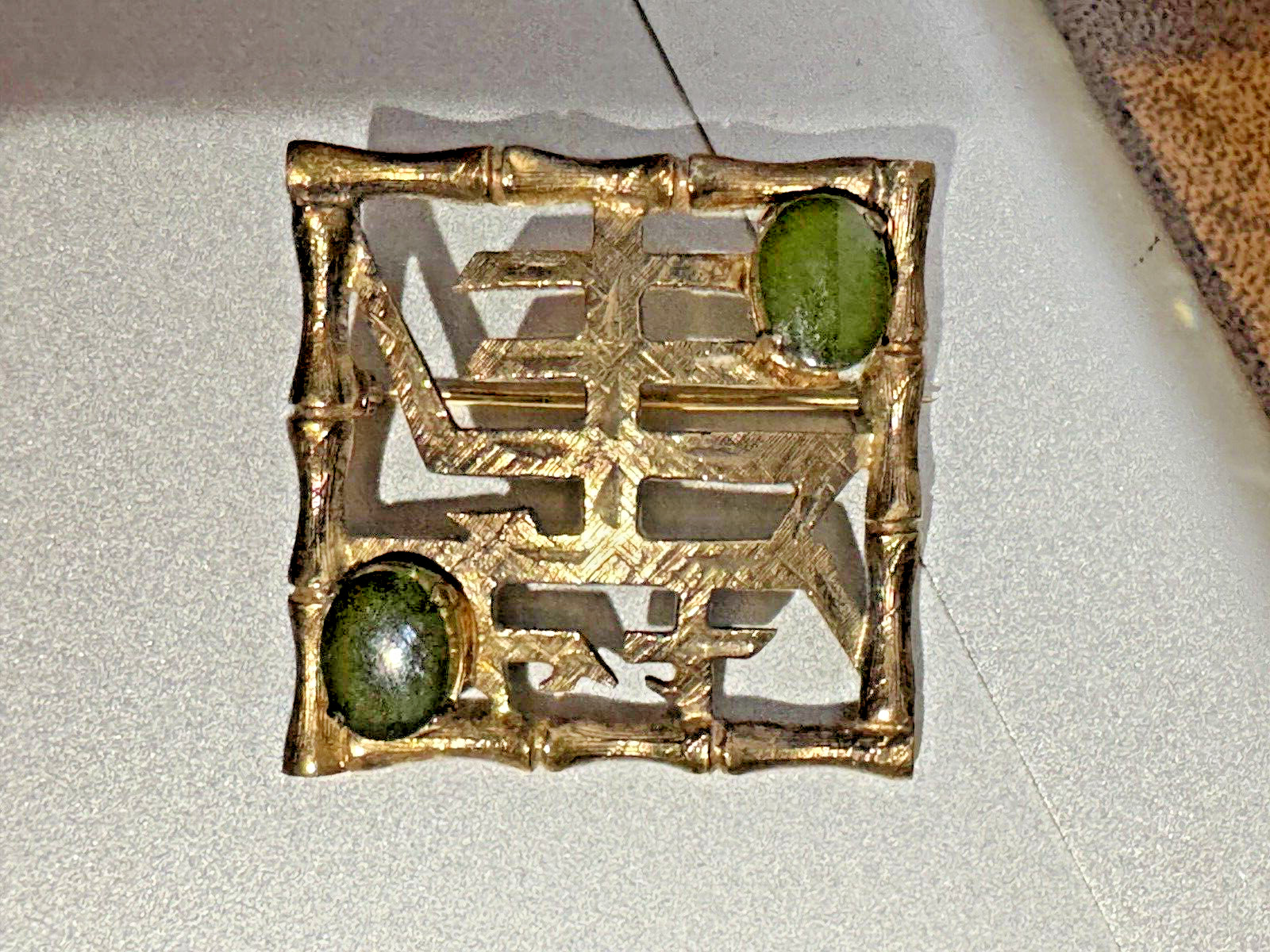 Pin Brooch Sterling Silver Signed Wells Vermeil Bamboo Asian Nephrite Jade