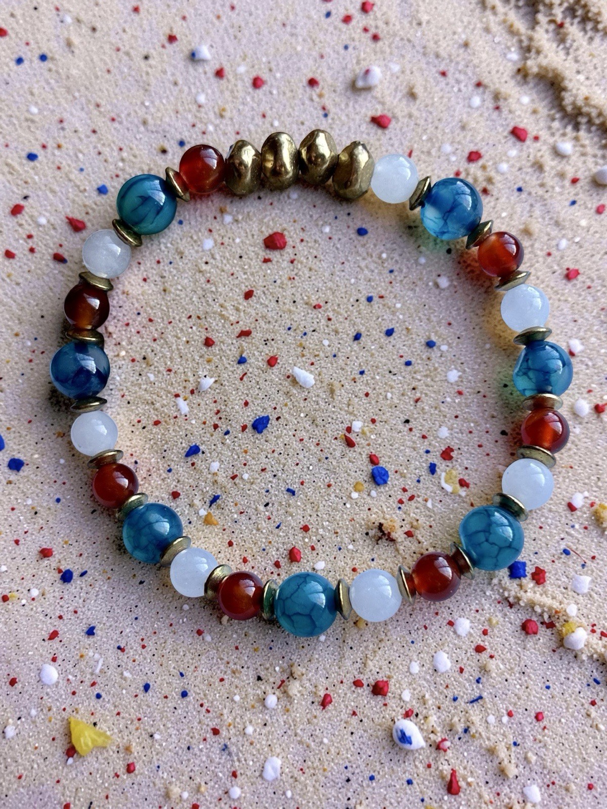 Independence Day Patriotic Stretch Gemstone Bracelet, With Solid Brass Nuggets