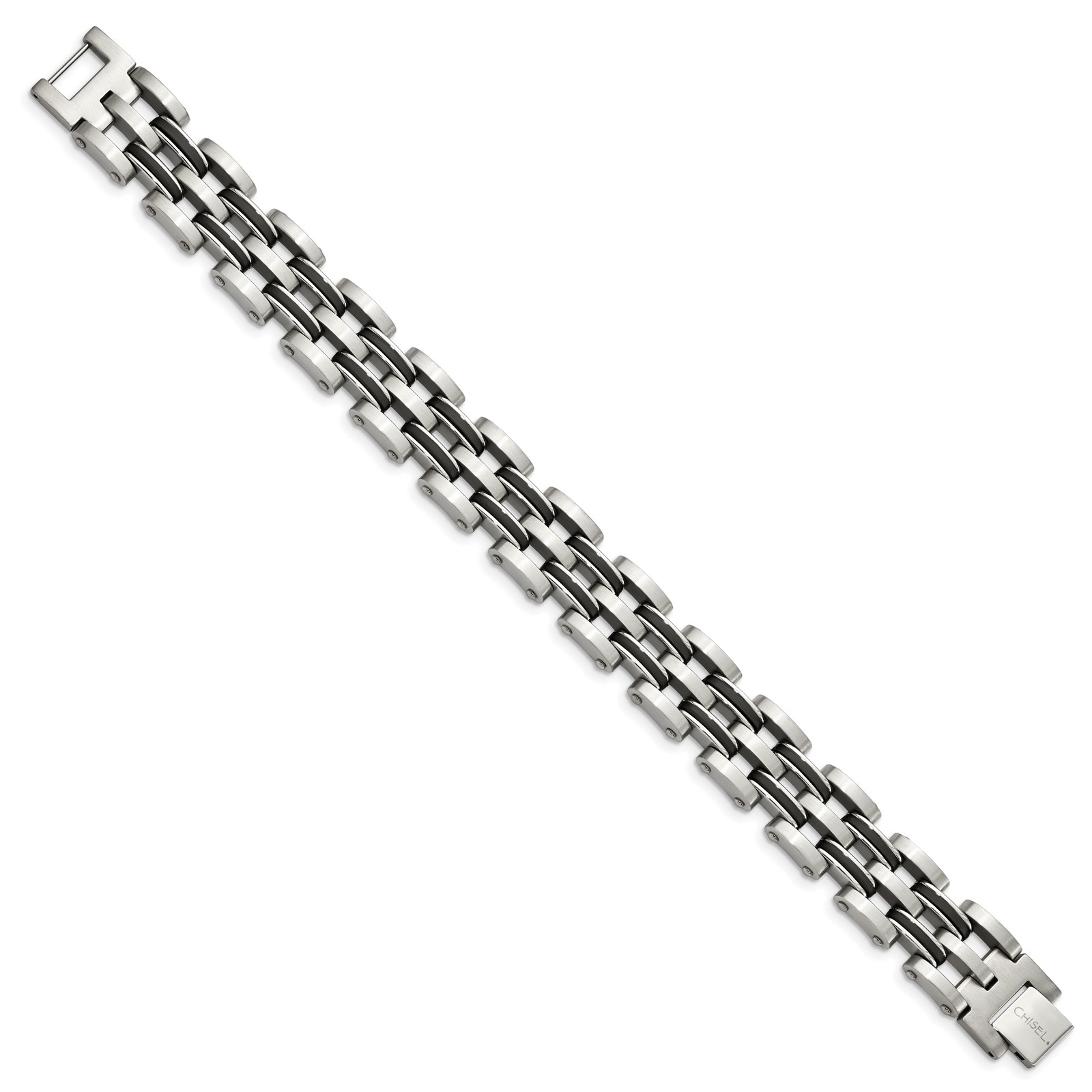 Chisel Stainless Steel Brushed and Polished with Black Rubber 8.75 inch Link Bra