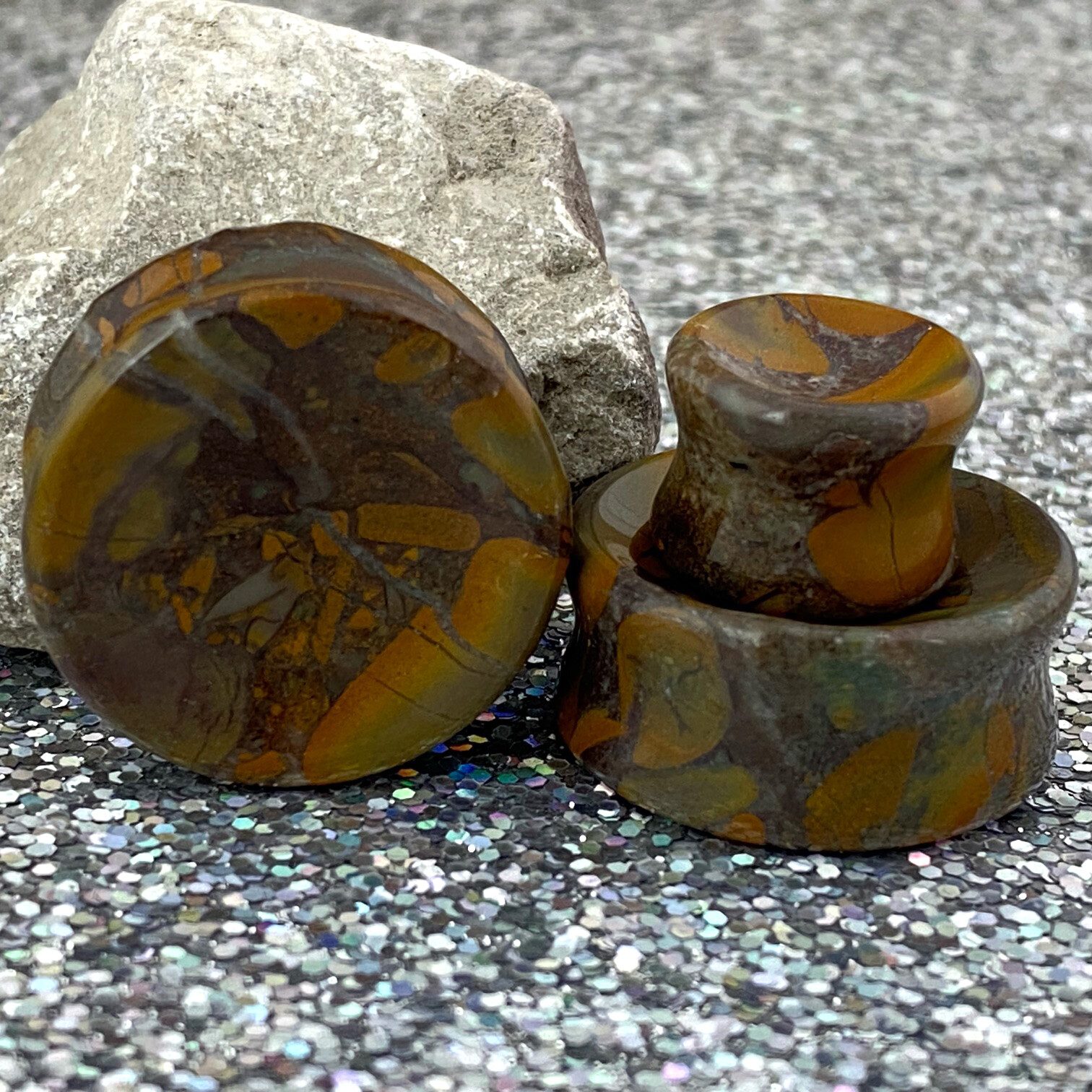 Concave Bamboo Jasper Stone Plugs (STN-755) gauges PICK SIZE