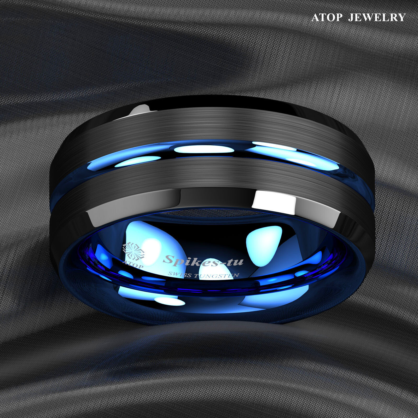 8/6mm Tungsten Men’s Ring Thin Blue Line-Inside Black Brushed Band ATOP Jewelry