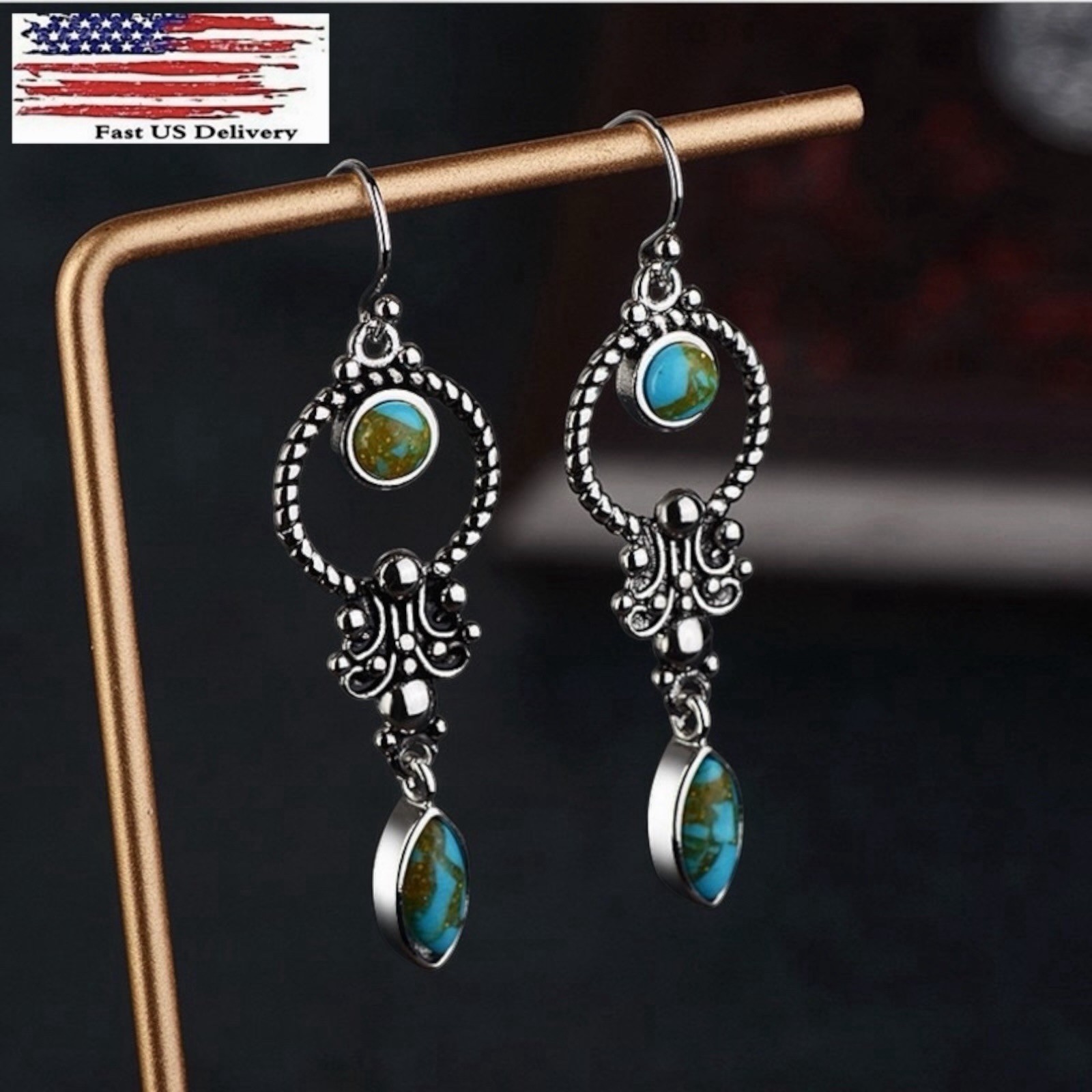 Elegant Boho Drop Earrings vintage 925 Silver Plated Blue Jewelry A38