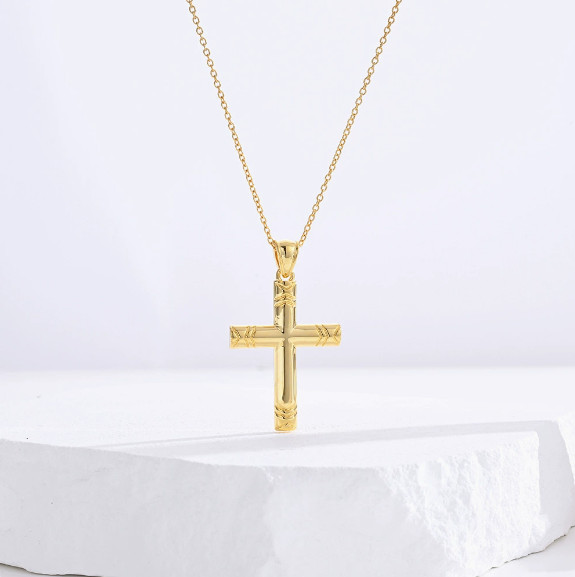 Embossed Pattern Cross Pendant Necklace Stylish Religious Accessory for Women