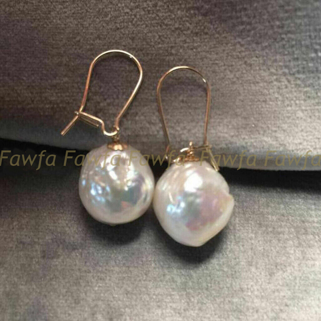 12-13mm White Natural South Sea Keshi Edison Baroque Pearl Dangle Earrings