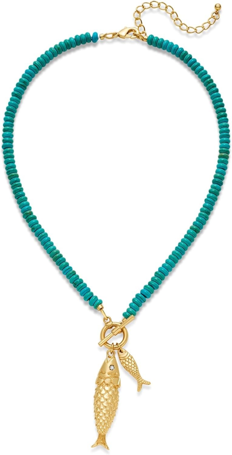 Chunky Gold Fish Pendant Necklace for Women Long Silk Scarf Turquoise Strand Nec