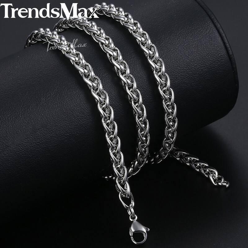 3/4/5mm Braided Wheat Chain Silver 316L Stainless Steel Men Women Necklace