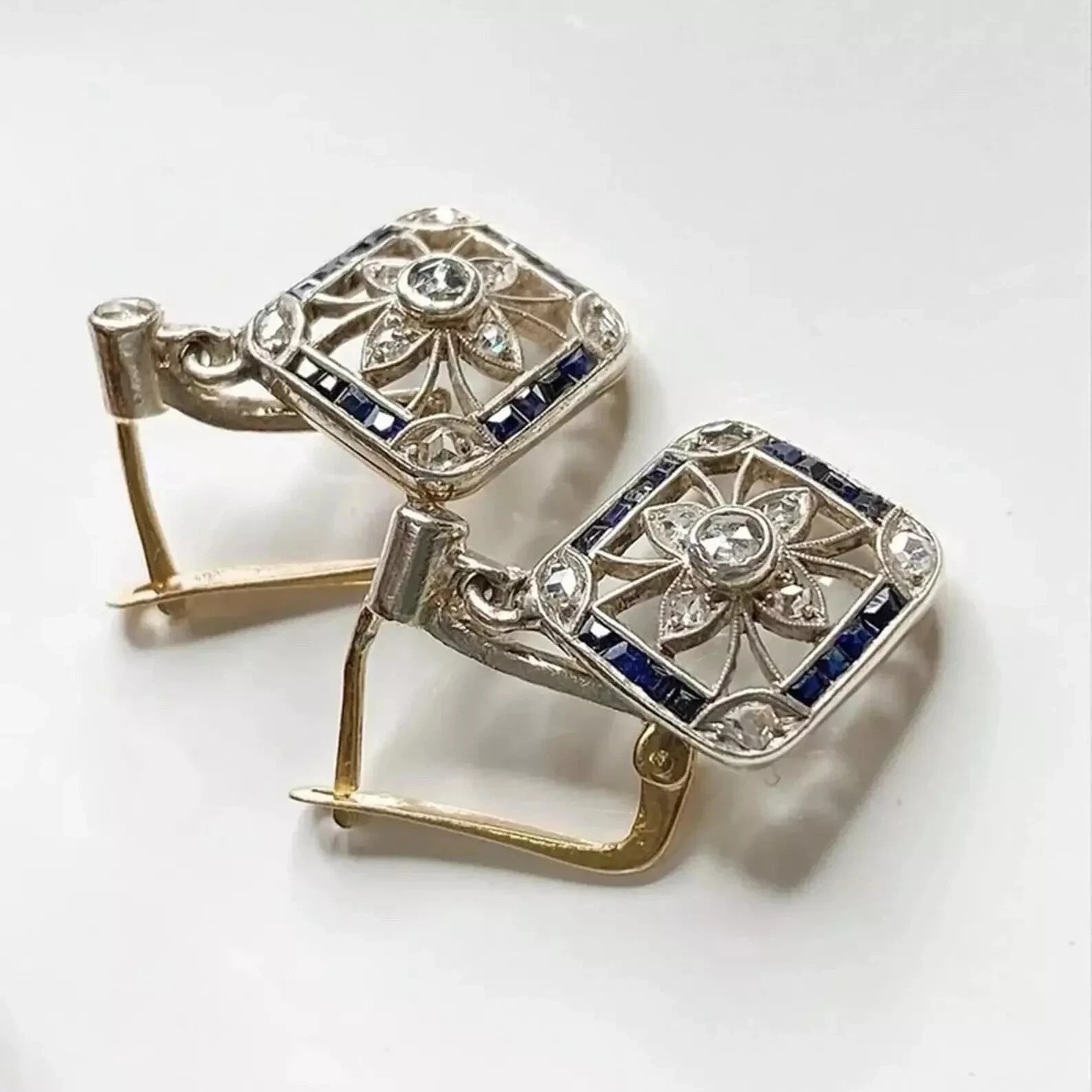 Art Deco Style Lab Created Diamond Blue Sapphire 14k White Gold FN Earrings