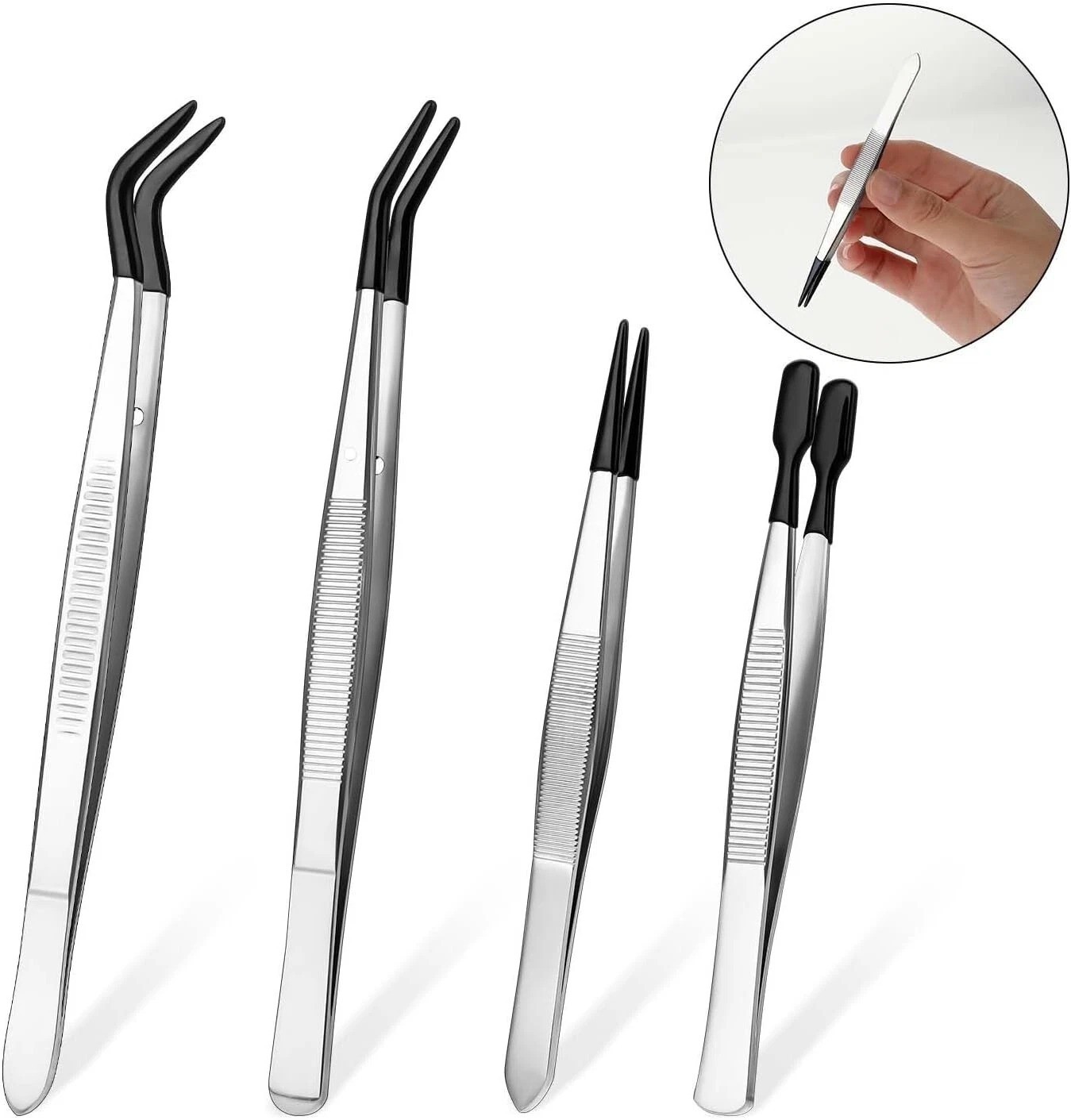 4 Pcs Rubber Tip Tweezers Stainless Steel Precision Tweezers for Crafts Jewelry