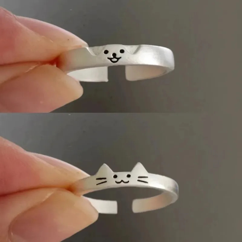 2pcs Cute Cat Dog Animal Couple Ring for Women Men Lover Rings Jewelry