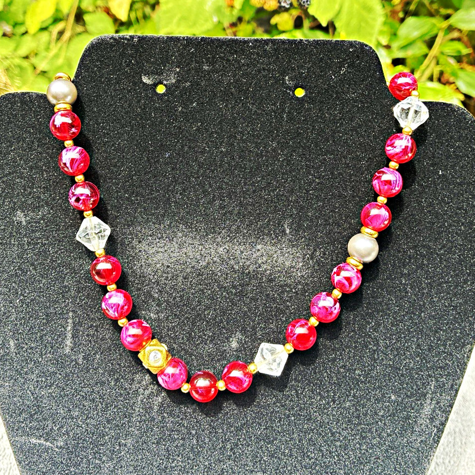 Red & Clear Glass Beaded Necklace Silver/Gold Tone Ball-Bead Chain Round