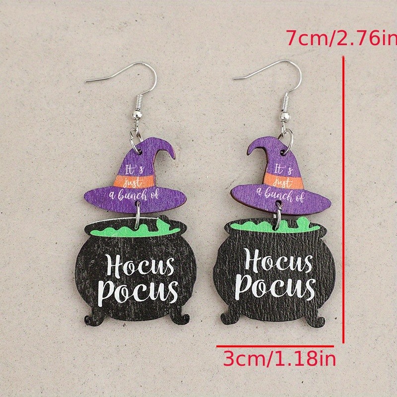 2Pcs Halloween Hocus Pocus Witch Hat Cauldron Wooden Dangle Earrings for Women