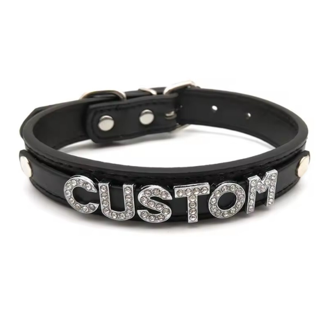 Custom Rhinestone Letter Collar You Choose Color and Words Faux Leather BDSM