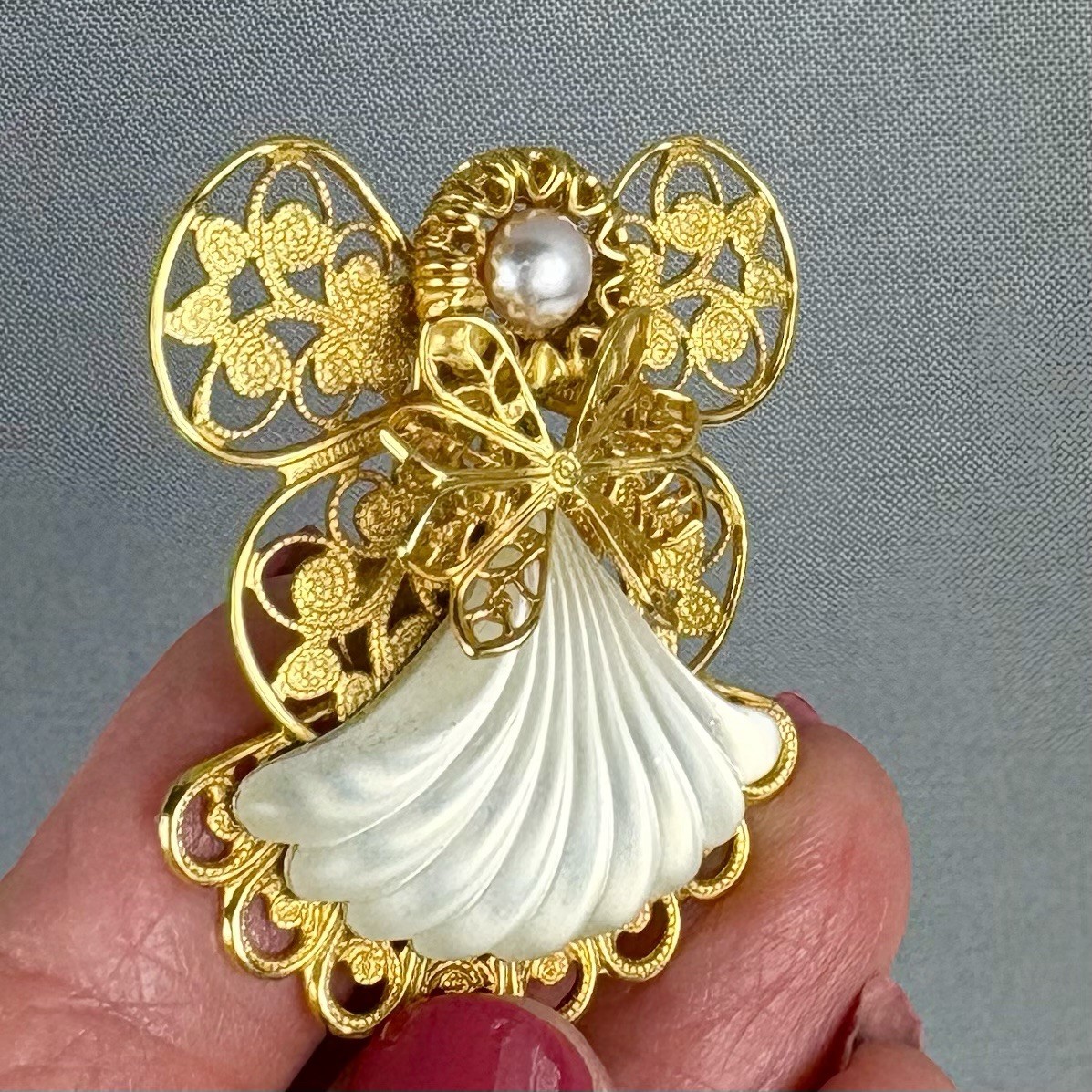 Vintage Frosted Glass Filigree Angel Brooch Pin Signed Jane
