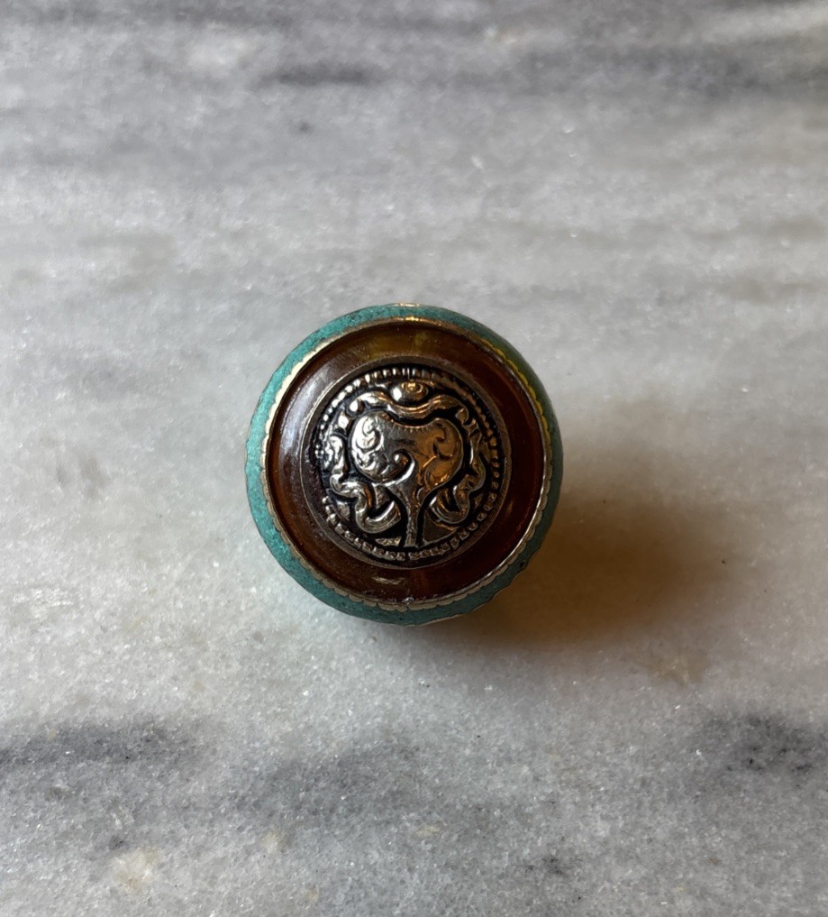 Tibetan Amber Copal Bead w/ Turquoise, Silver Sacred Symbol 27x16mm CC21