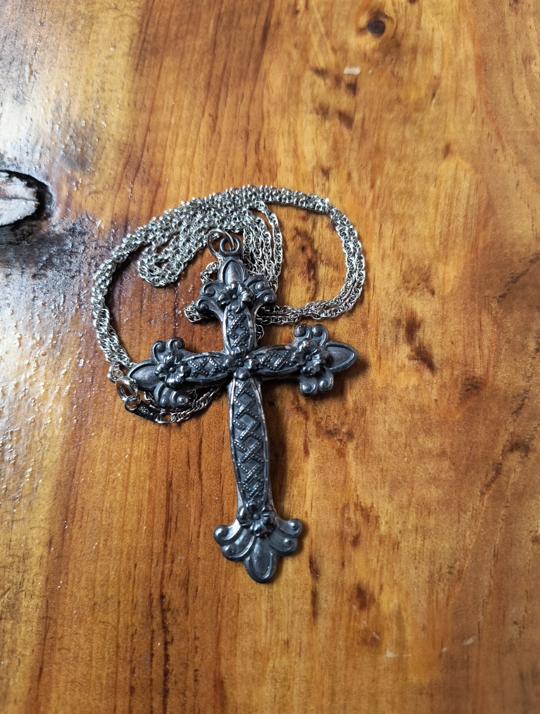Silver Tone 2.5″ Long Cross Pendant On Chain Marked Made In Korea