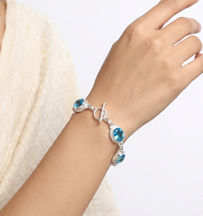 Swiss Blue Topaz Gemstone 925 Sterling Silver Handmade Jewelry Bracelet 8″