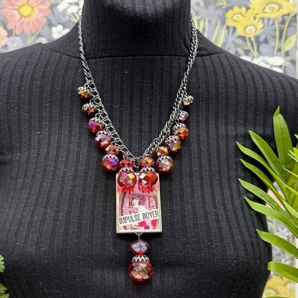 Adorned Crown Jewelry assemblage bauble bead Impulse buyer glass bezel necklace