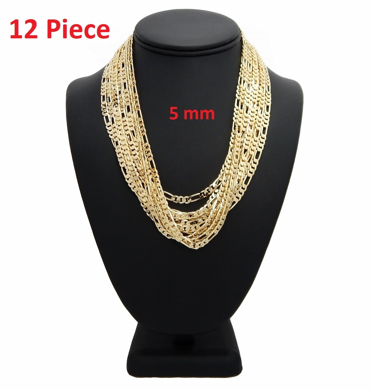 5mm Italian Figaro Chain 12 Piece 20″ 24″ 30″ Necklace 14k Gold Plated Wholesale