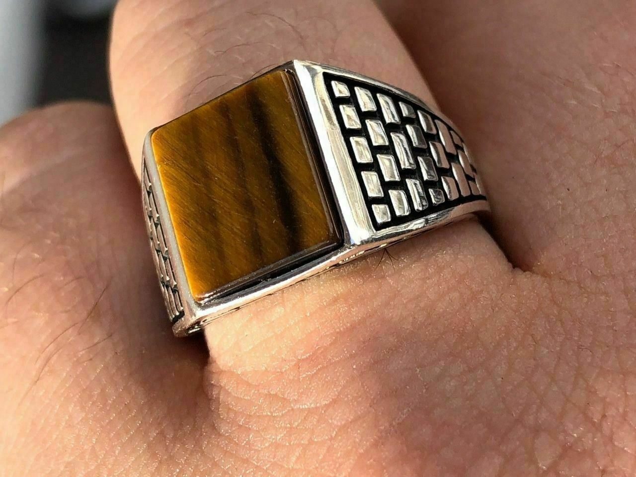 Mens Real Solid 925 Sterling Silver Tiger Eye Square Ring Size 7 8 9 10 11 12 13