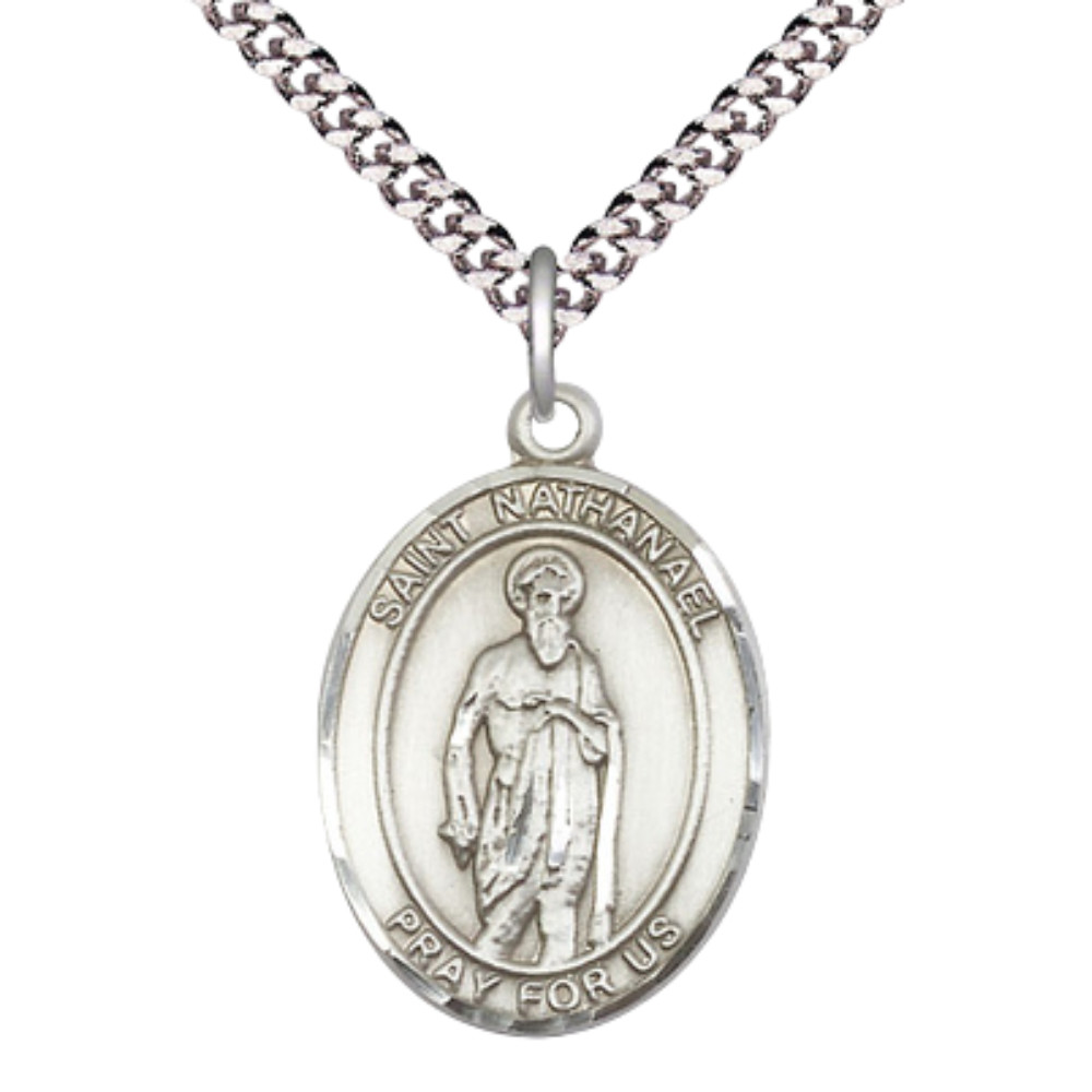 Large Pewter Saint Nathanael Medal Pendant 24″ Lobster Claw Chain Necklace